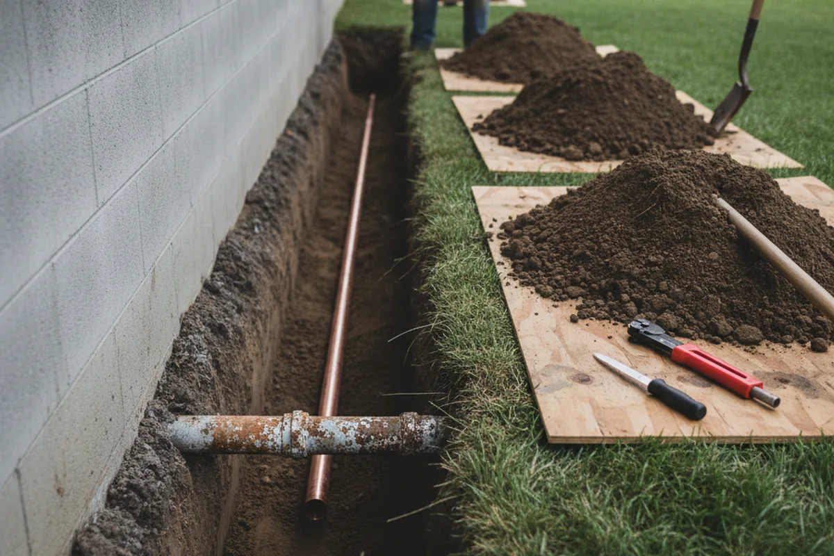 Excavated water line trench during Water Heater Repair in Lone Star